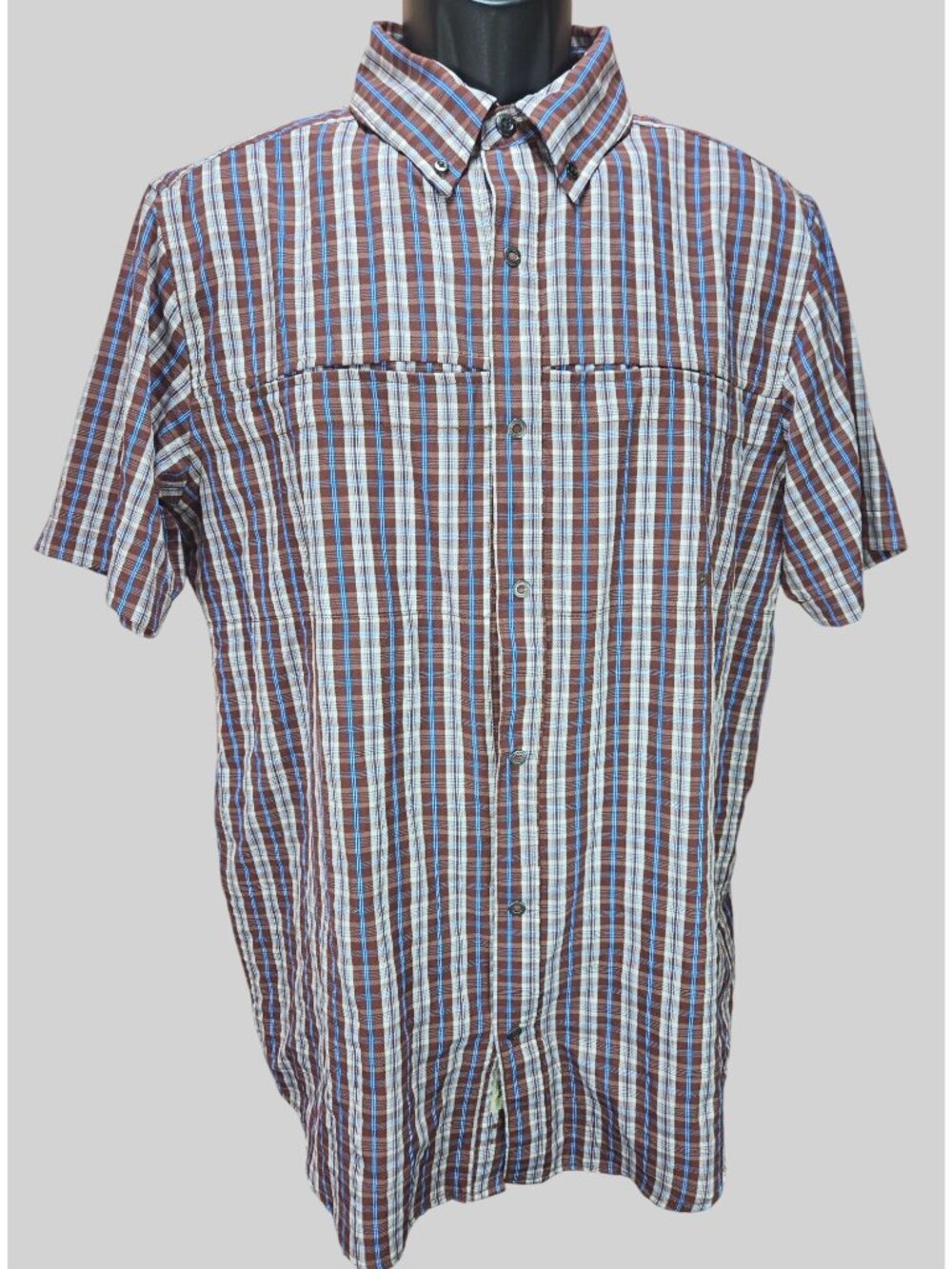 ExOfficio Men’s Plaid Button-Up Shirt Medium Brown & Blue Outdoor Performance